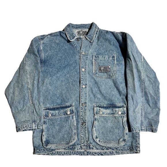 Vintage Get Used Denim Chore Jacket 90s Workwear Utility Jean Coat XXL - Picture 1 of 9